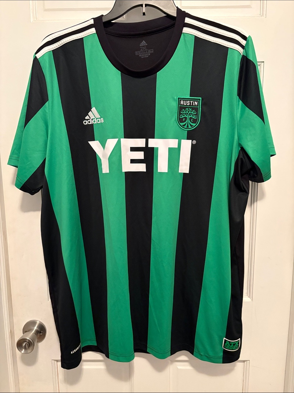 adidas Austin FC Men's Green and Black Striped Soccer Jersey size 2XL